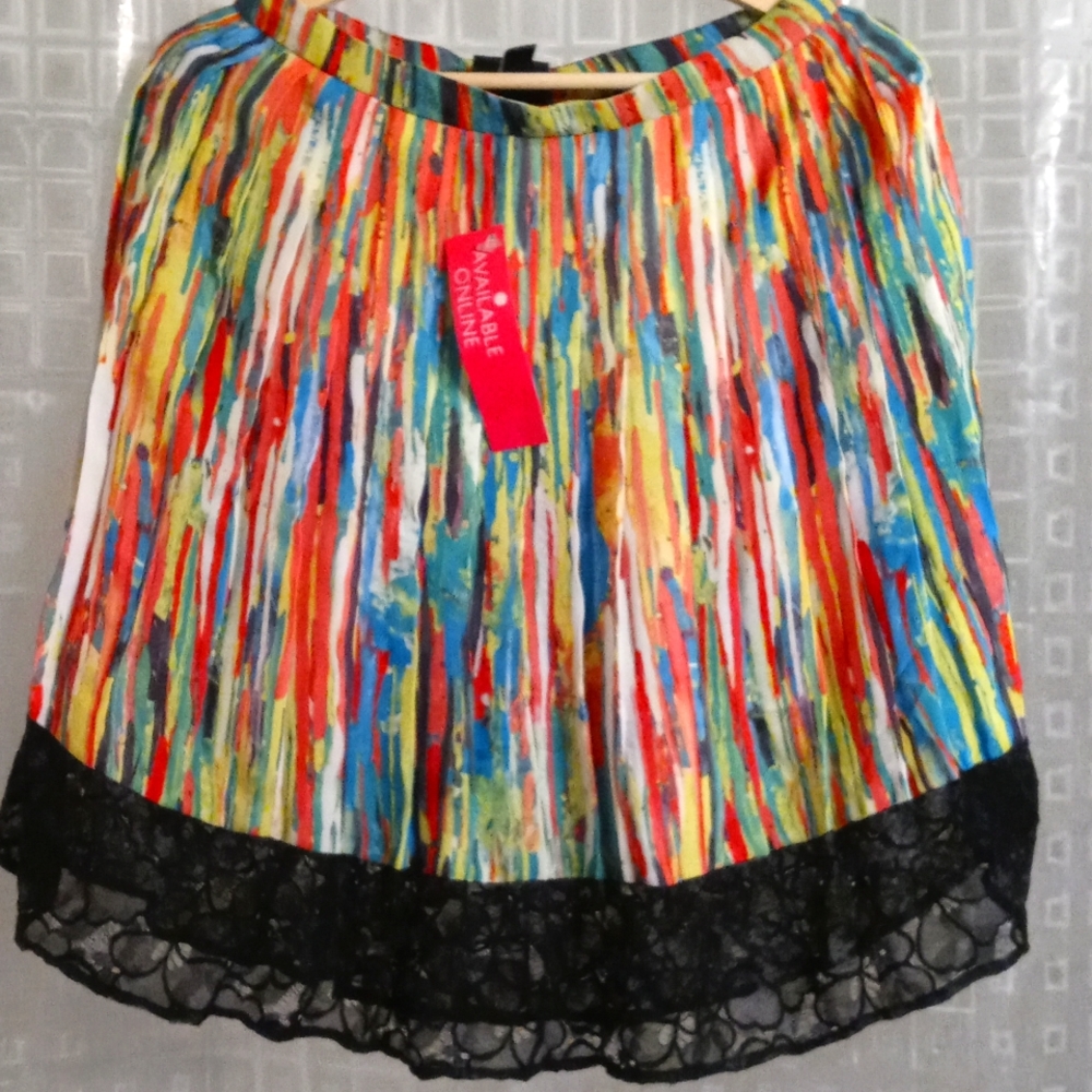 Bright Multi Colored Lace Trim Pleated Skirt